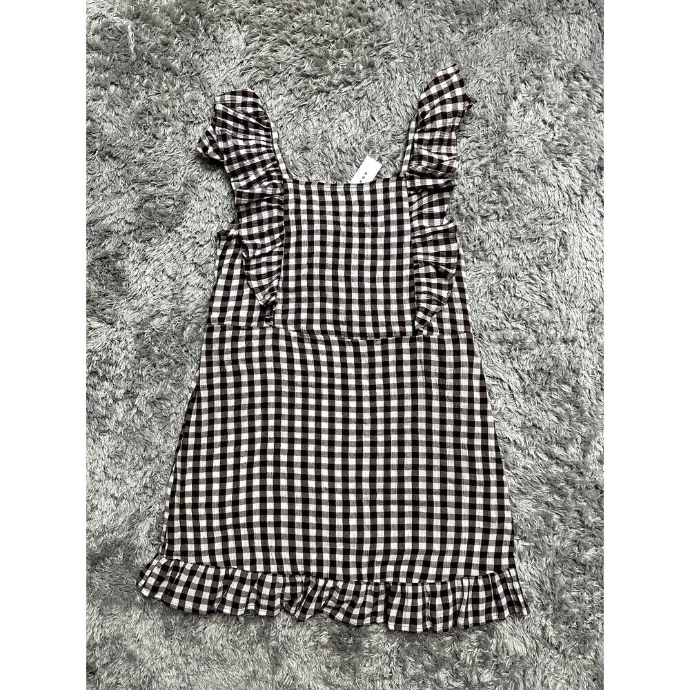 Topshop Womens Black Gingham Ruffle Mini Dress Pinafore Style Tie Waist size 8